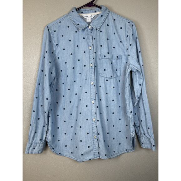 Old Navy Shirt Womens Polka Large Dot The Classic Shirt Chambray Blue Button Up - Picture 1 of 8
